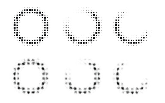 Halftone circular dotted frames set. Square dots isolated on the white background. Logo design element for medical, treatment, cosmetic. Round border using halftone square dots texture. Vector
