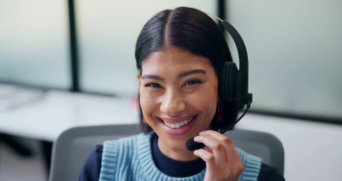 Face, consultant and headset with computer in office for loan assistance, virtual support and CRM. Agent, financial advisor and laugh with tech for insurance claim, policy update or customer service