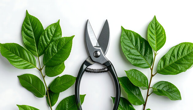 Gardening pruning shears with fresh green leaves, representing plant care and horticulture