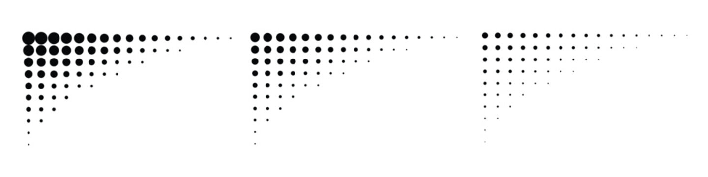 Set of halftone curve corners. Dot backgrounds. Half tone textures. Gradient dots patterns. Vector illustration