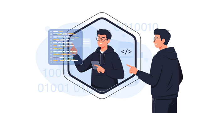 Programmer working on digital code, binary data background, technology concept