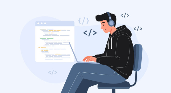 Programmer with Headphones Coding on Laptop at Desk, Programming Symbols