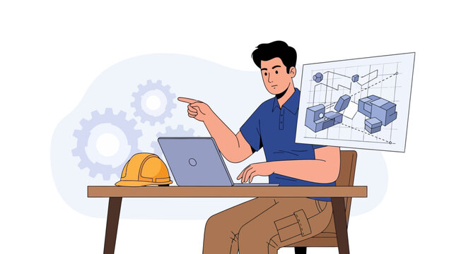 Engineer Working on Futuristic Project with Laptop and Blueprint
