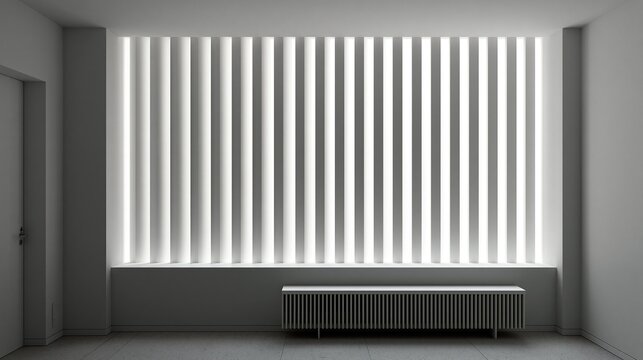 Minimalist all gray interior space with backlit vertical slatted window panels and matching low slatted bench showing clean contemporary architectural design