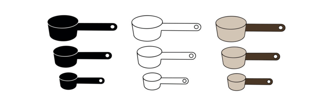 Measuring scoop icon set. measuring cups and scoops, portion spoons, kitchen measuring tools for coffee and baking. line, flat and colored vector icon set.