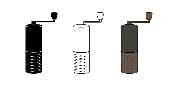 Manual coffee grinder icon set. hand crank grinder, spice mill, pepper grinder, burr mill for beans. line, flat and colored vector icon set.