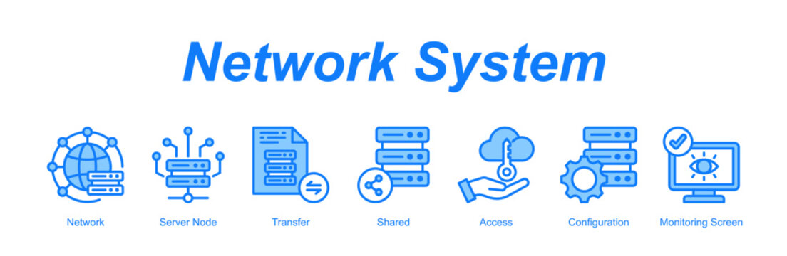 Network System banner web icon vector illustration concept with an icon of Network, Server Node, Transfer, Shared, Access, Configuration, Monitoring Screen 