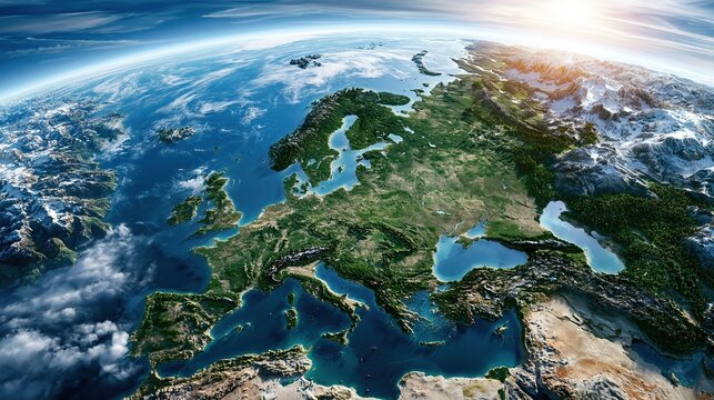 Highly detailed topographic view of European continent from earth orbit with warm sunrise light showing blue oceans green land and rugged mountain ranges