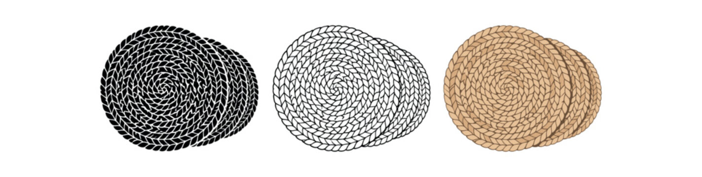 Woven placemat icon set. rattan, straw, braided coaster, round table mat, natural fiber, rustic decor. line, flat and colored vector icon set.