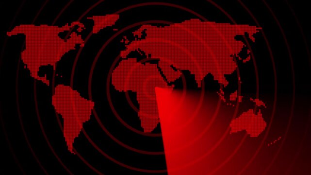 Red world map with radar signal scanning digital interface for global security and surveillance.