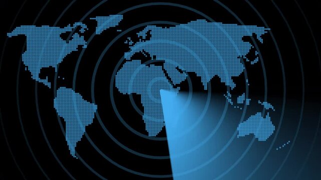 Abstract digital map animation global radar scanning and searching for locations or targets.