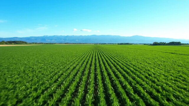 Aerial view of green agricultural soy bean field on a sunny summer day