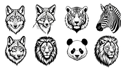 Detailed black and white animal head illustrations wildlife icons including wolf fox tiger zebra panda lion on white background for design and print use © Ritu