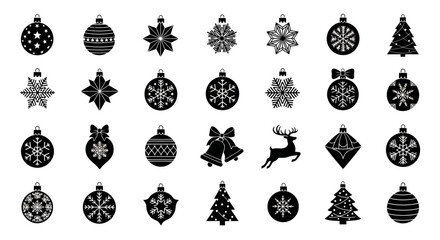 Black and white christmas icons set including ornaments snowflakes trees and reindeer for holiday decoration © Ritu