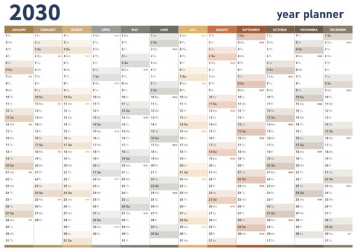 Calendar planner for year 2030 with week start Monday, professional organizer for schedule and time management