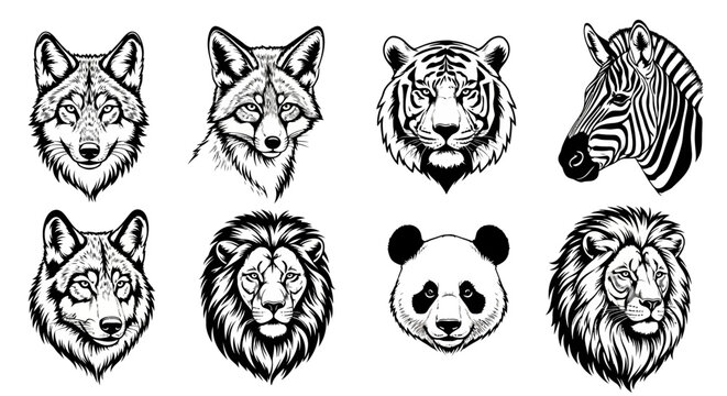 Detailed black and white animal head illustrations wildlife icons including wolf fox tiger zebra panda lion on white background for design and print use
