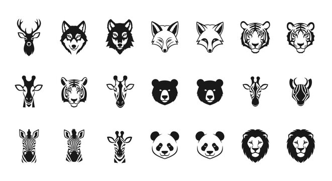 Collection of black and white animal head icons wildlife symbols and logos featuring various species
