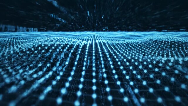 Abstract digital data grid with glowing blue particles and binary code