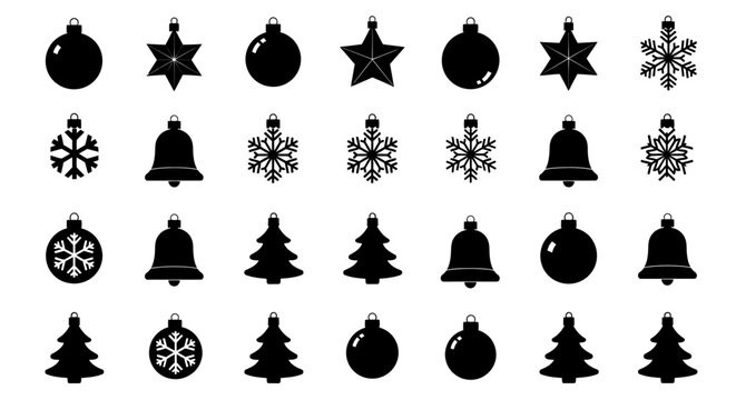 Black christmas icons set including ornaments bells stars snowflakes and trees on white background for holiday decoration