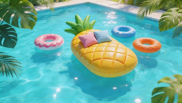 Pineapple float in pool with tropical leaves