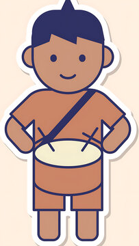 Smiling boy playing a drum instrument.