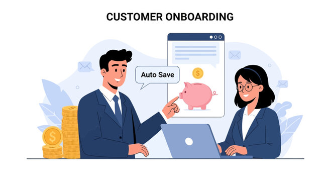 Customer onboarding concept, saving money, financial planning, business illustration