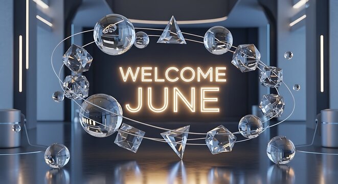Welcome June greeting with clock and floral decorations.