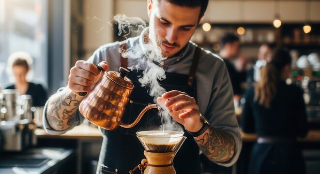 Barista preparing coffee in cafe.