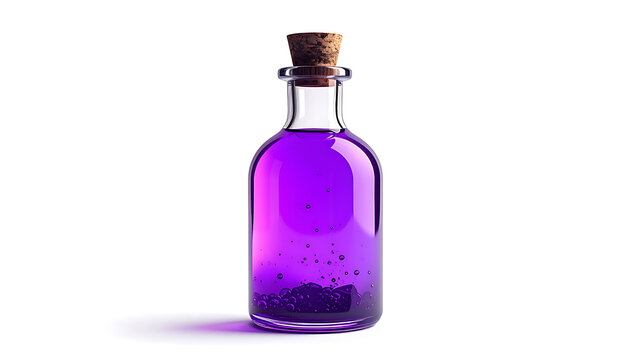Glass bottle with purple liquid and glitter, cork stopper, isolated on white background, potion or elixir