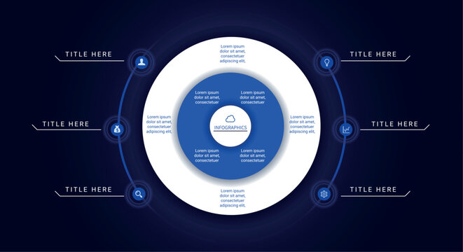 Blue Circle Infographic Template with 6 Options and Outer Pointer Lines