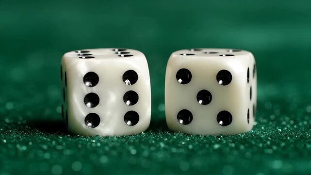 White dice rolling on green felt table landing on eleven. Concept of luck and taking a risk. Gambling metaphor