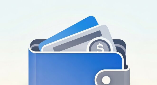 Blue Wallet with Credit Cards and Cash, Financial Concept Illustration.