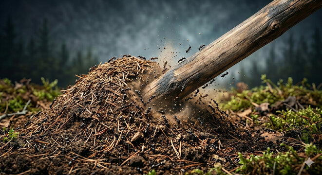 Stirring Up a Hornets' Nest Metaphor, Poking a Wooden Stick into a Large Anthill in the Forest