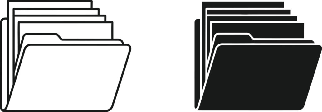 File folder stack icon set outline and solid black versions