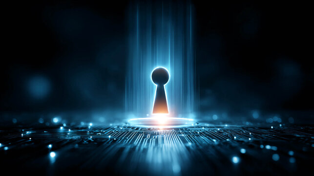 A glowing neon silhouette of a keyhole above a microchip, with a stream of digital binary codes in the background, representing the concept of cybersecurity, data protection, and encryption.