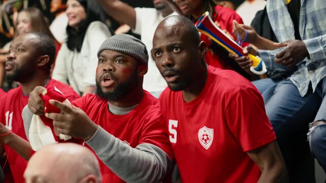Football fan celebrating winning goal during live match in the stadium stands, crowd celebration for world champions with crowd energy.