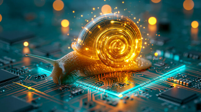 A snail with a glowing spiral moves across a computer motherboard. A combination of nature and technology. Slowness in an era of high speeds.