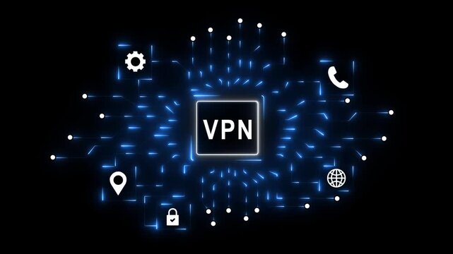 Glowing digital circuit board with central processor chip displaying AI concept,Digital schematic with neon energy flow, Futuristic VPN technology and algorithm processing 4k video...
