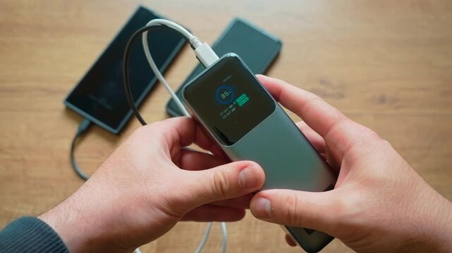 Portable power bank supplying charge to two smartphones via dual cables active charging in progress. Screen toggling between percentage and graphical battery indicators for both outputs. Display