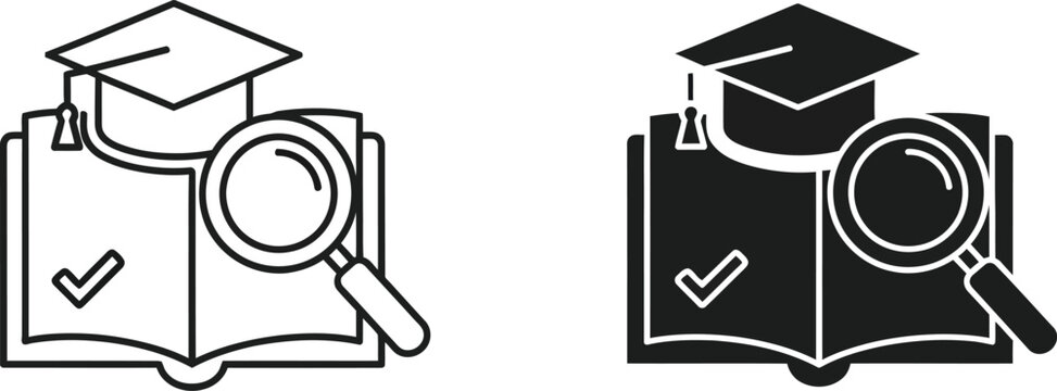 Education research icon set open book graduation cap and magnifying glass