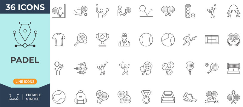 Padel icon set. Modern icon in outline style. Collection of padel racket, ball, court, player, and sport symbols. Editable stroke. Vector icon collection.