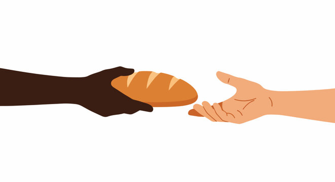 Flat illustration of a dark-skinned hand passing a loaf of bread to a light-skinned hand against a clean white background.