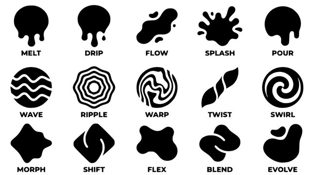 Black vector graphic illustration of liquid design elements and shapes