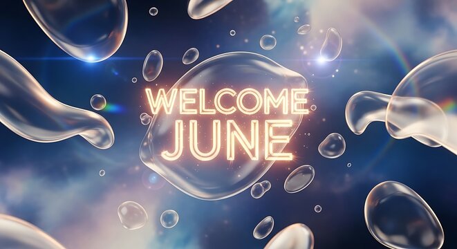 Welcome June celebration with blue cosmic background and sparkling lights.