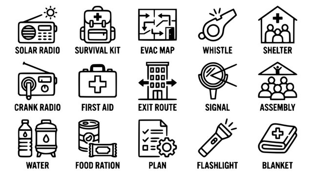 Vector graphic illustration of emergency kit icons and supplies list