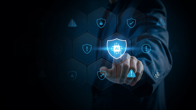 Enterprise AI Security Protection Businessman Touching Shield Icon. Risk Management Cybersecurity Technology. artificial intelligence governance compliance monitoring and cybersecurity defense control