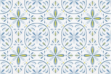 Fototapeta premium Decorative floral pattern illustration featuring blue and yellow motifs on a white background, suitable for textiles, wallpapers, and various design applications