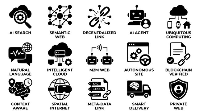 Black and white vector graphic illustration of various technology concepts