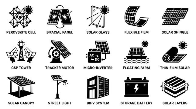Solar energy vector graphic with various panel types illustrated