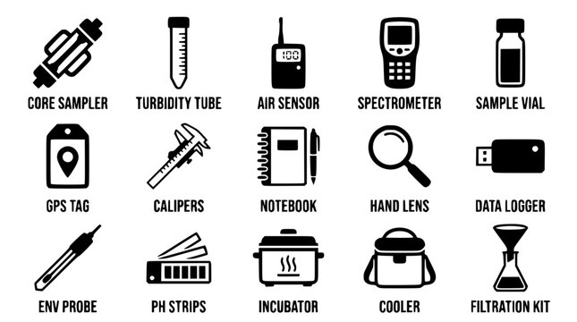 Black and white vector graphic of various scientific laboratory equipment tools